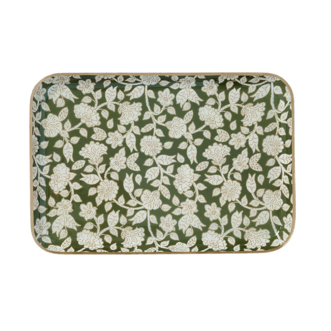 Plateau bohème chic à fleurs en métal émaillé Jaya vert - Grand modèle