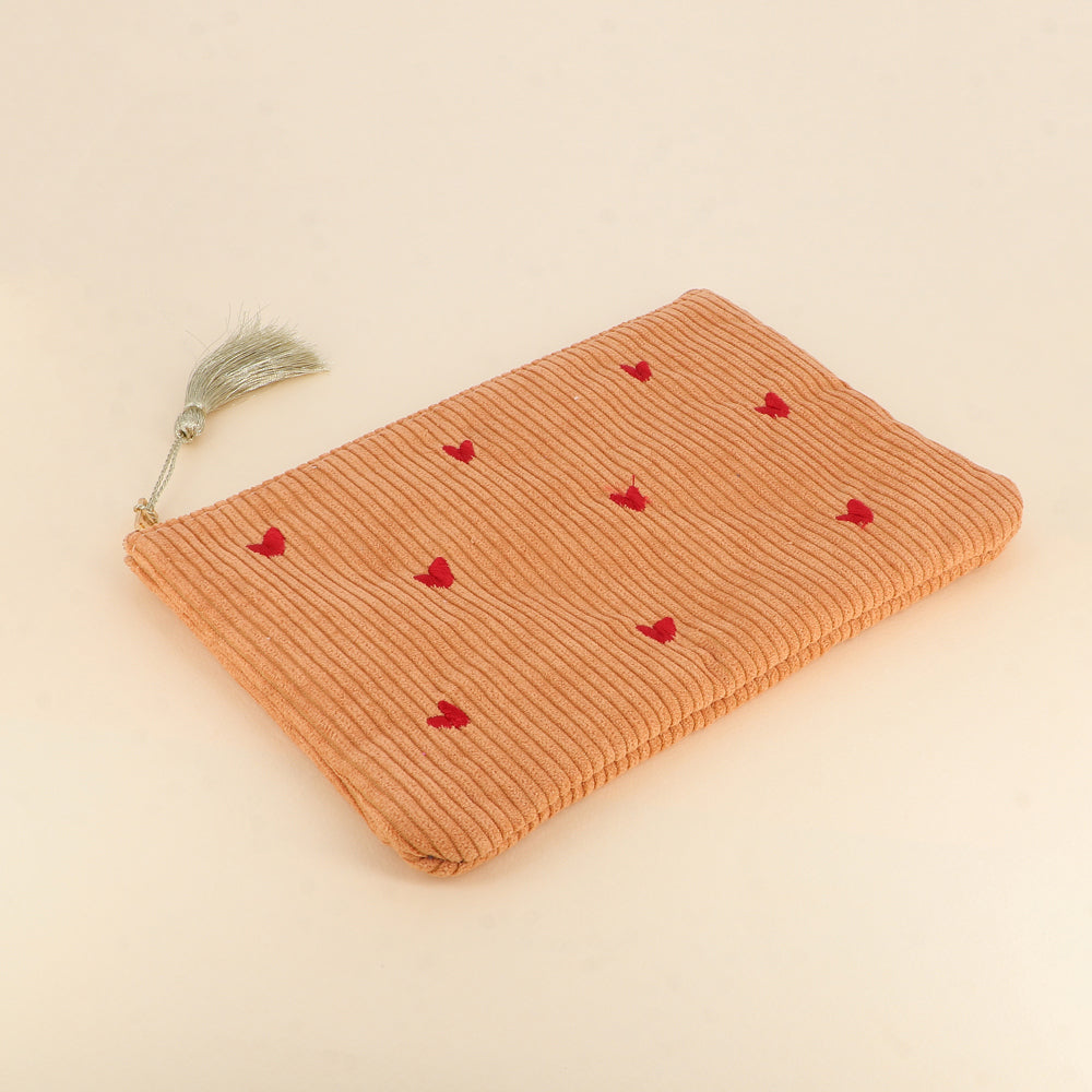 Trousse petits coeurs velours cotelé - Camel