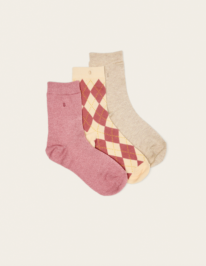 Pack de 3 Chaussettes - losanges et paillettes beige rose: Taille unique